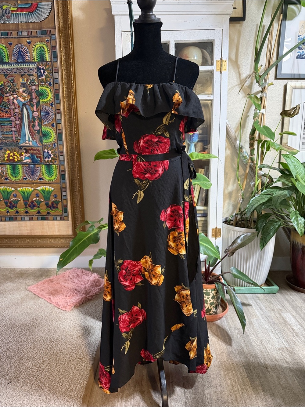 Women’s Black Floral Ruffle Maxi Dress with Tie Waist
